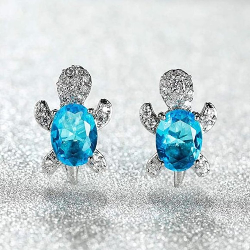 “Just Keep Swimming” Blue Turtle Diamond Earrings - Picture 7 of 8
